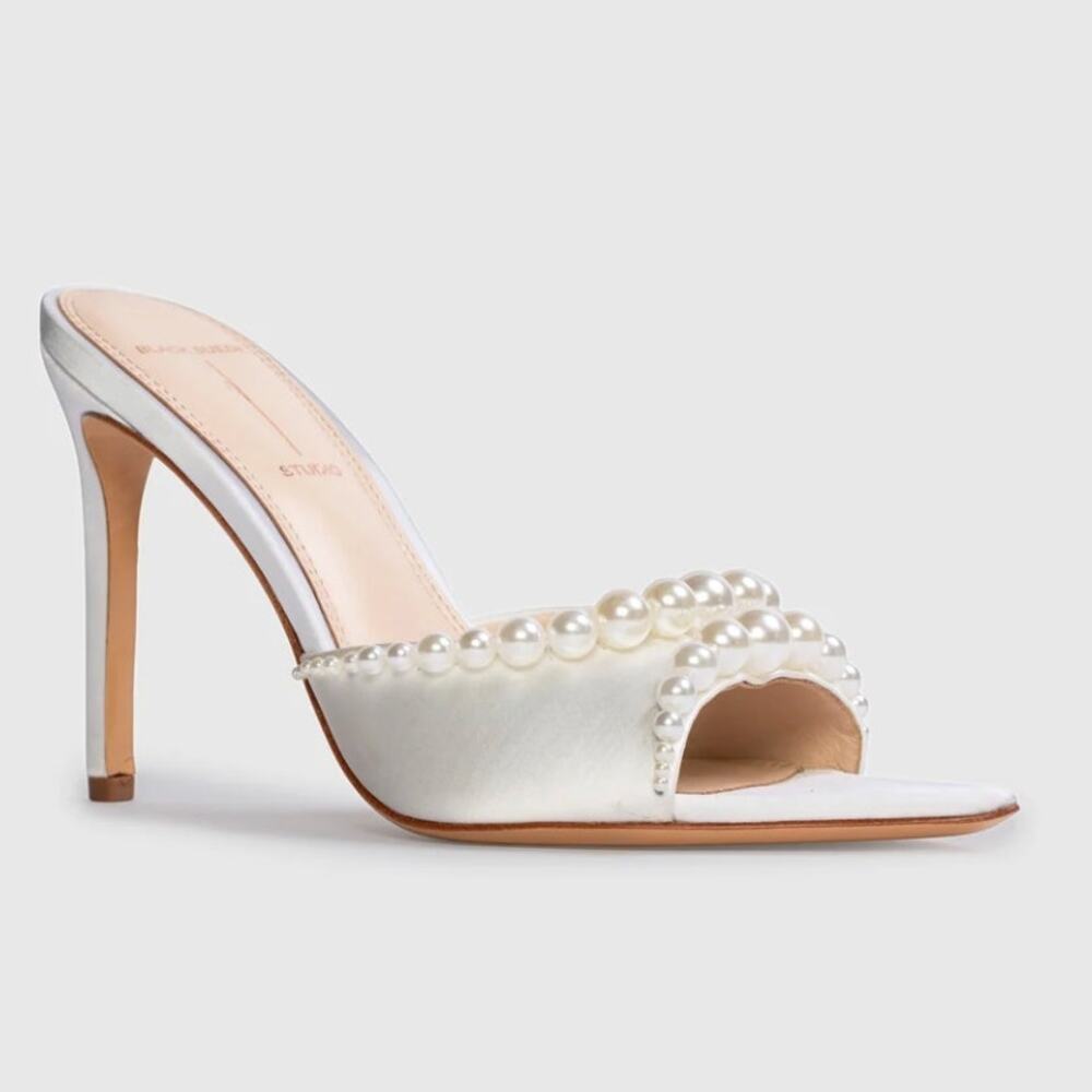 Black Suede Studio Gigi 100 White Satin Pearl Mule Heels Sandals NEW 38 7.5